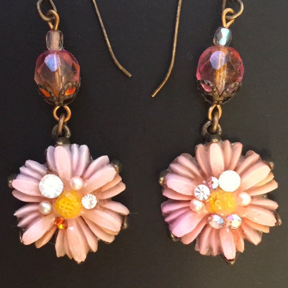 Statement Celluloid Rhinestone & Flower Earrings